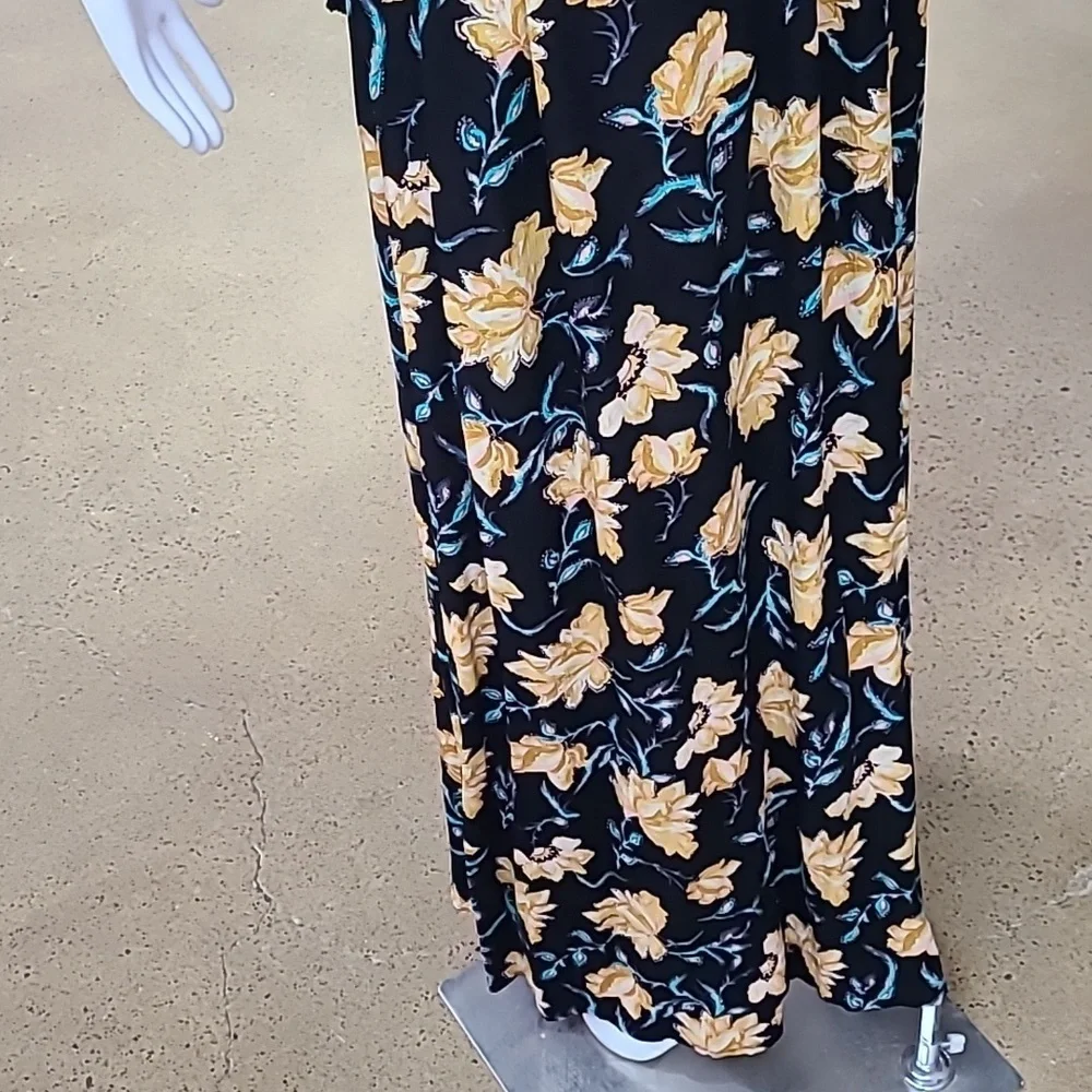 Xhilaration Cold Shoulder Yellow Black Floral V Neck Tassels Maxi Dress - Picture 7 of 12